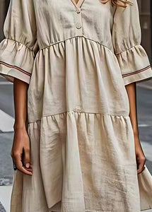 French Beige V Neck Wrinkled Patchwork Cotton Dresses Summer