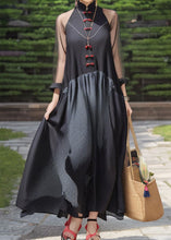 Load image into Gallery viewer, French Black Button Patchwork Silk Maxi Dresses Fall