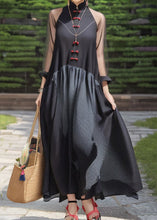 Load image into Gallery viewer, French Black Button Patchwork Silk Maxi Dresses Fall