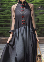 Load image into Gallery viewer, French Black Button Patchwork Silk Maxi Dresses Fall