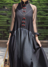 Load image into Gallery viewer, French Black Button Patchwork Silk Maxi Dresses Fall