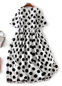 French Black Dot Button Cotton Long Dresses Summer