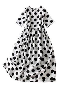 French Black Dot Button Cotton Long Dresses Summer