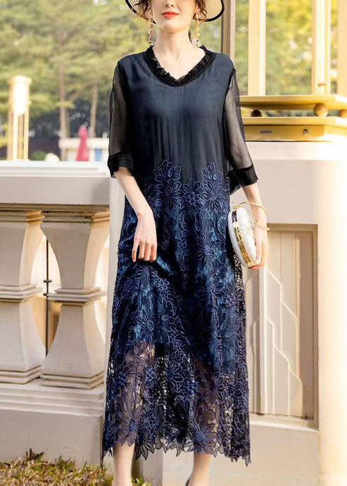 French Black Embroidered Hollow Out Silk Long Dress Summer