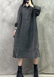 French Black Grey Peter Pan Collar Patchwork Denim Long Dresses Spring