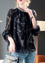 Load image into Gallery viewer, French Black Nail Bead Silk Velour Top Long Sleeve