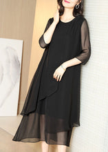 Load image into Gallery viewer, French Black O-Neck Asymmetrical Patchwork Chiffon Dress Summer