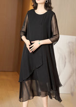 Load image into Gallery viewer, French Black O-Neck Asymmetrical Patchwork Chiffon Dress Summer