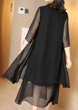 Load image into Gallery viewer, French Black O-Neck Asymmetrical Patchwork Chiffon Dress Summer