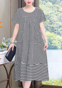 French Black O-Neck Plaid Patchwork Maxi Dresses Summer