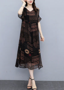 French Black Oversized Print Draping Chiffon Dress Summer