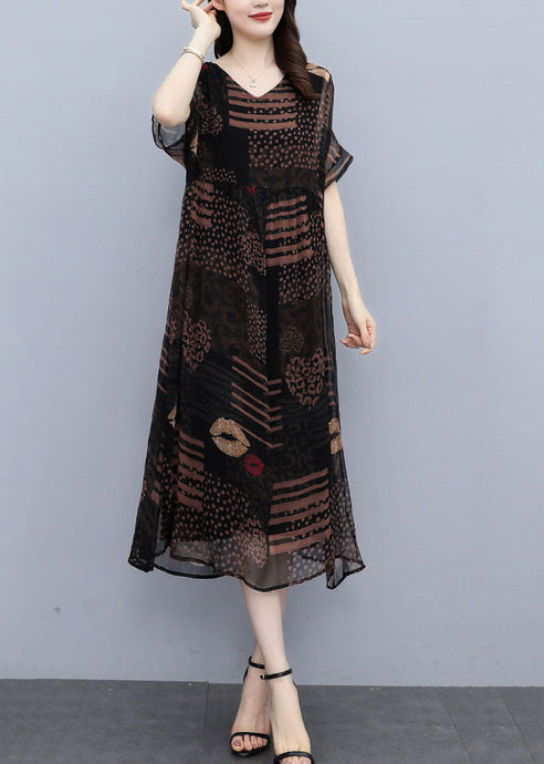 French Black Oversized Print Draping Chiffon Dress Summer