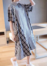 Load image into Gallery viewer, French Black Plaid Patchwork Button Long Shirts Dresses Short Sleeve