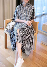 Load image into Gallery viewer, French Black Plaid Patchwork Button Long Shirts Dresses Short Sleeve