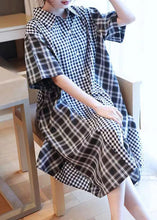 Load image into Gallery viewer, French Black Plaid Patchwork Button Long Shirts Dresses Short Sleeve