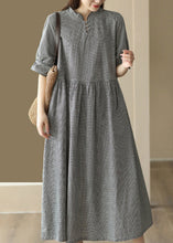 Load image into Gallery viewer, French Black Plaid Stand Collar Linen Long Dress Short Sleeve