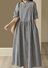 Load image into Gallery viewer, French Black Plaid Stand Collar Linen Long Dress Short Sleeve