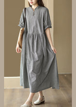 Load image into Gallery viewer, French Black Plaid Stand Collar Linen Long Dress Short Sleeve