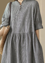 Load image into Gallery viewer, French Black Plaid Stand Collar Linen Long Dress Short Sleeve