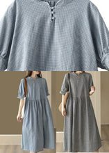 Load image into Gallery viewer, French Black Plaid Stand Collar Linen Long Dress Short Sleeve