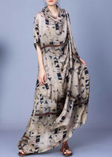 Load image into Gallery viewer, French Black Print Asymmetrical Silk Long Dresses Bracelet Sleeve