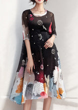 Load image into Gallery viewer, French Black Print Patchwork Silk Long Dresses Summer