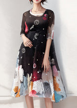 Load image into Gallery viewer, French Black Print Patchwork Silk Long Dresses Summer