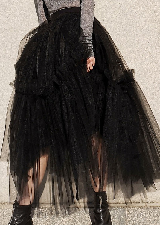 French Black Ruffled High Waist Tulle Skirts Summer