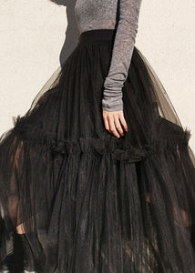 French Black Ruffled High Waist Tulle Skirts Summer