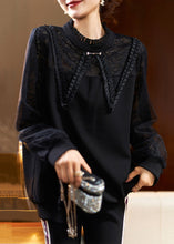 Load image into Gallery viewer, French Black Ruffled Lace Patchwork Cotton Top Long Sleeve