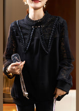 Load image into Gallery viewer, French Black Ruffled Lace Patchwork Cotton Top Long Sleeve