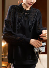 Load image into Gallery viewer, French Black Ruffled Lace Patchwork Cotton Top Long Sleeve