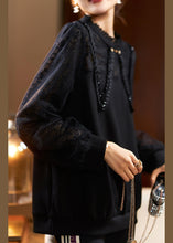 Load image into Gallery viewer, French Black Ruffled Lace Patchwork Cotton Top Long Sleeve