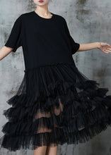 Load image into Gallery viewer, French Black Ruffled Patchwork Cotton Maxi Dress Summer