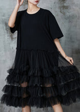 Load image into Gallery viewer, French Black Ruffled Patchwork Cotton Maxi Dress Summer