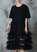 Load image into Gallery viewer, French Black Ruffled Patchwork Cotton Maxi Dress Summer