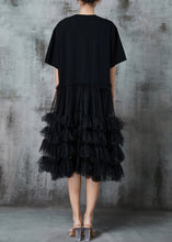 Load image into Gallery viewer, French Black Ruffled Patchwork Cotton Maxi Dress Summer