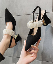 Load image into Gallery viewer, French Black Sandals Chunky Heel Suede Pointed Toe Buckle Strap