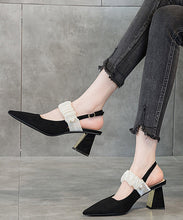 Load image into Gallery viewer, French Black Sandals Chunky Heel Suede Pointed Toe Buckle Strap