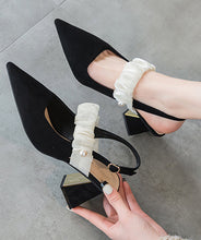 Load image into Gallery viewer, French Black Sandals Chunky Heel Suede Pointed Toe Buckle Strap