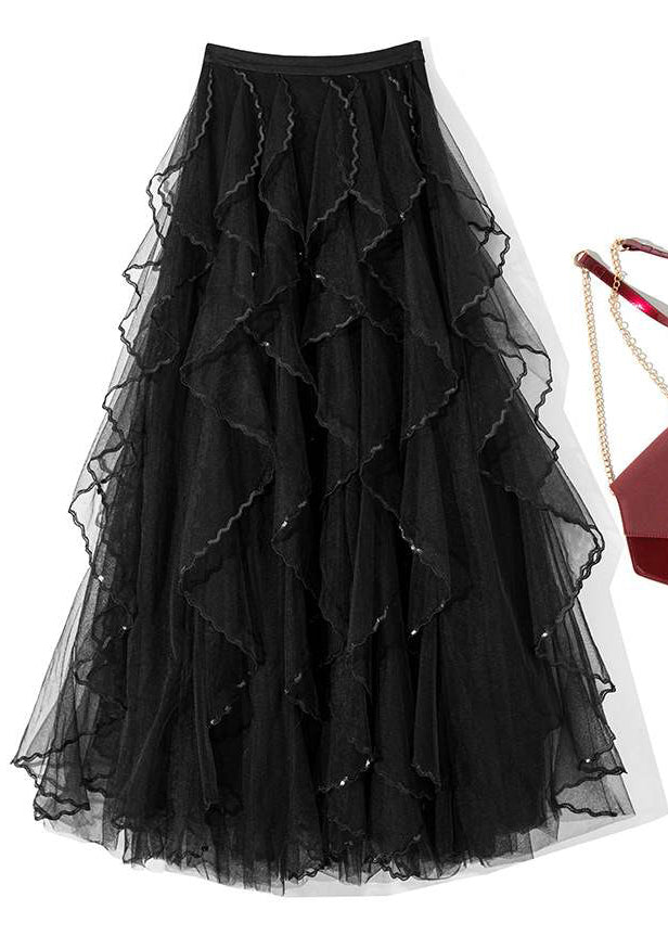 French Black Solid High Waist Tulle Skirt Summer