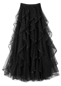 French Black Solid High Waist Tulle Skirt Summer