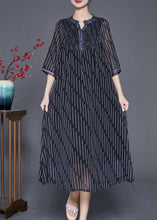 Load image into Gallery viewer, French Black Striped Wrinkled Draping Chiffon Dresses Summer