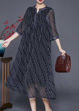 Load image into Gallery viewer, French Black Striped Wrinkled Draping Chiffon Dresses Summer