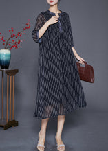 Load image into Gallery viewer, French Black Striped Wrinkled Draping Chiffon Dresses Summer