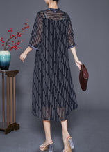 Load image into Gallery viewer, French Black Striped Wrinkled Draping Chiffon Dresses Summer