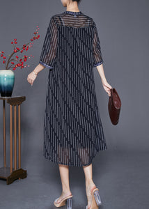 French Black Striped Wrinkled Draping Chiffon Dresses Summer