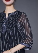 Load image into Gallery viewer, French Black Striped Wrinkled Draping Chiffon Dresses Summer