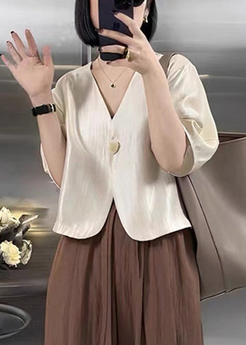 French Apricot V Neck Button Silk Shirt Short Sleeve