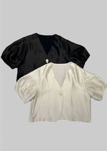 Load image into Gallery viewer, French Black V Neck Button Silk Shirt Short Sleeve